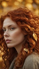 Fototapeta premium A woman with red hair stands in front of some yellow trees with yellow leaves