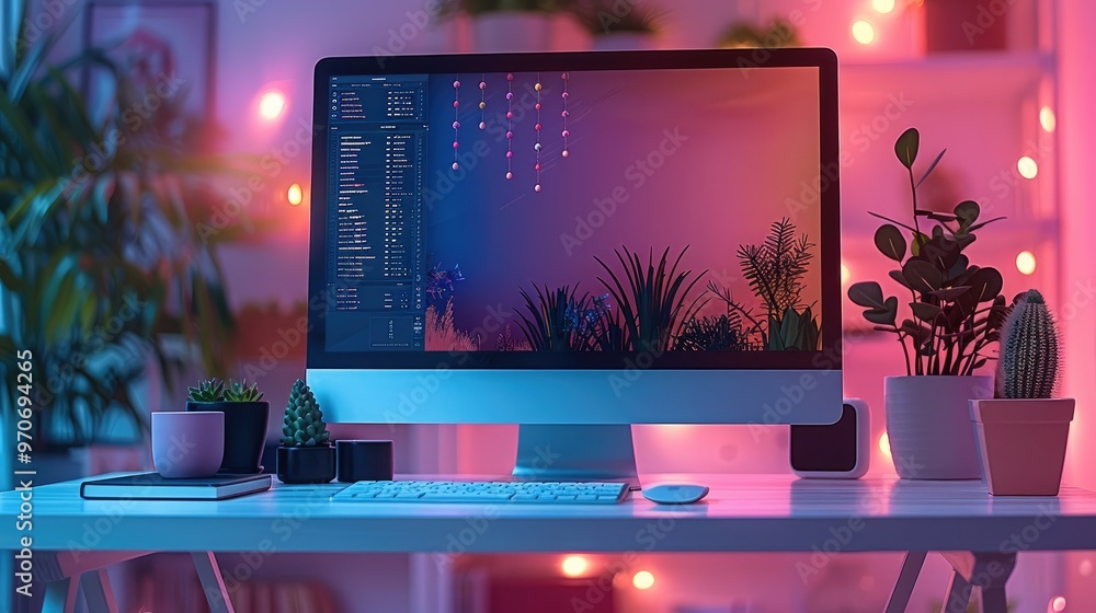 Poster a sleek and modern digital workspace, with vibrant yet calming pastel tones of lavender, soft blue, 