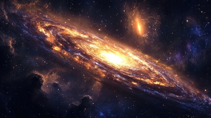 Fototapeta premium A stunning image of a spiral galaxy with a bright core and swirling arms. The galaxy is surrounded by a field of stars and nebulae.