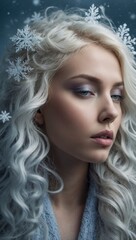 Fototapeta premium A woman with blonde hair and blue eyes is standing in the snow