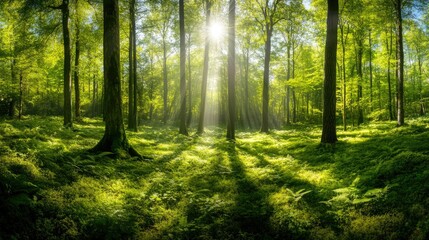 Lush green forest with sunlight streaming through the trees, symbolizing eco-friendly practices. Copy space