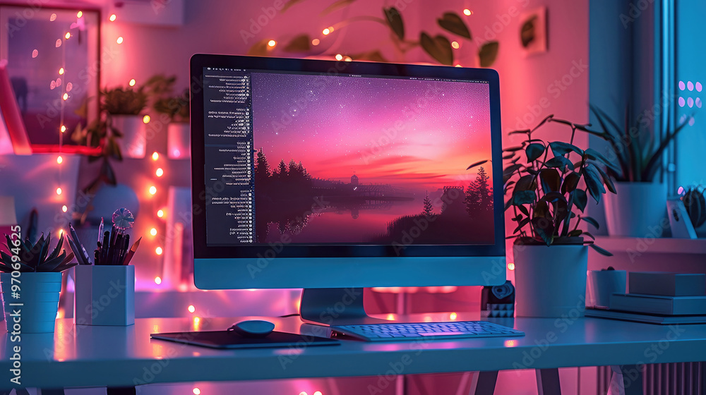 Poster a sleek and modern digital workspace, with vibrant yet calming pastel tones of lavender, soft blue, 