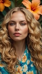 Fototapeta premium A woman with long blonde hair is wearing a blue floral dress
