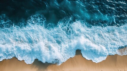 Fototapeta premium Ocean waves crashing onto a clean shore, symbolizing the sustainability of natural ecosystems. Copy space available.