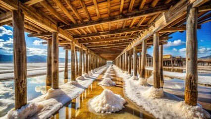 Fototapeta premium Ancient wooden infrastructure amidst gleaming white salt
