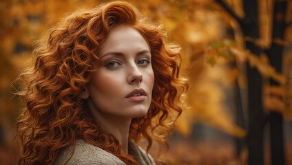 A woman with red hair stands in front of some yellow trees with yellow leaves