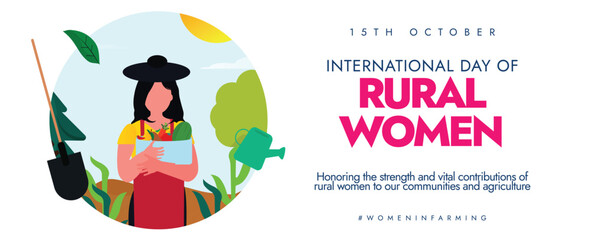 International day of Rural Women cover banner 15th October. Rural Women day conceptual cover banner with a woman holding pots with fruits. The day highlights the role, situation of women in rural area