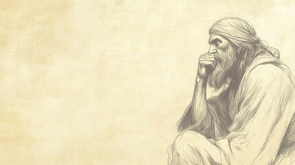 Biblical Illustration of 1 Kings: Solomon Alone, Contemplating His Life with Sorrow and Remorse, Bible Wall Art with Beige Background for Spiritual Reflection