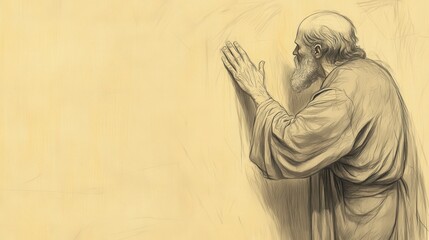 Fototapeta premium Biblical Illustration of Hezekiah Praying Earnestly to the Lord, Asking for Mercy and Remembrance, Bible Wall Art, Beige Background