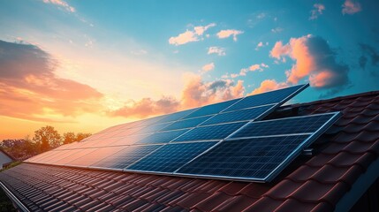 Solar panel installation on a house rooftop in a green suburb, emphasizing sustainable living.
