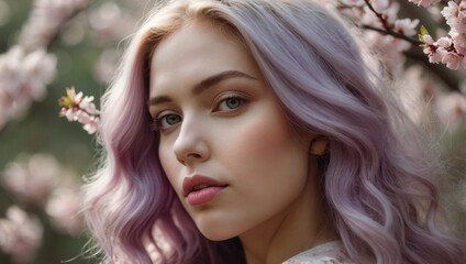 Naklejka premium A woman with long pink wavy hair is standing in front of a tree with pink blossoms