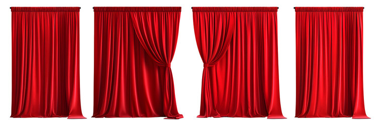 Set/collection of long, velvet, red curtains. Luxurious curtains for decorating a stage in a theater or cinema. Isolated on a transparent background.