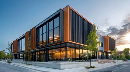Obraz premium Modern Commercial Building with Glass Facade and Orange Accents