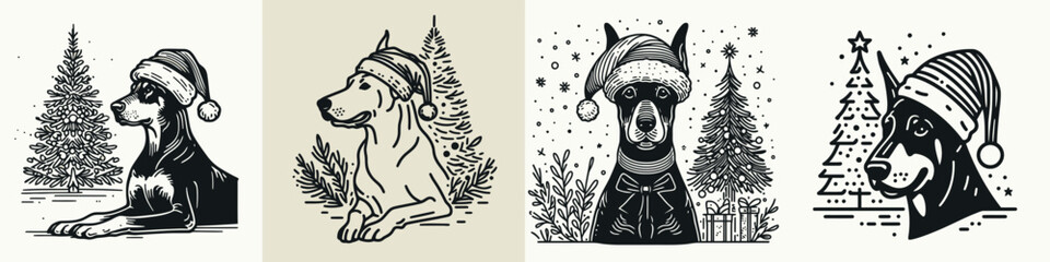 A festive collection of four dogs wearing Santa hats, surrounded by Christmas trees, perfect for holiday-themed designs.