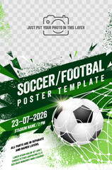 Soccer or football tournament poster template with ball in net