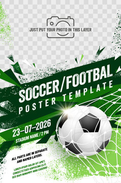 Soccer or football tournament poster template with ball in net