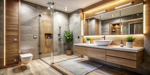 a modern bathroom with a spacious shower sleek vat