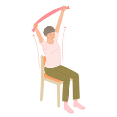 シニアの運動：笑顔の女性が椅子に座ったままタオルを両手で持ち上げ背伸びをするストレッチ