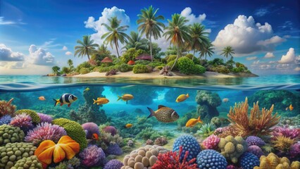 Tropical island with palm trees, clear blue water, coral reef, sea anemone, sea turtle