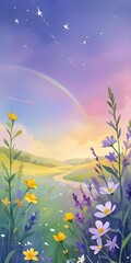 Obraz premium Landscape with flowers , mountains and a rainbow