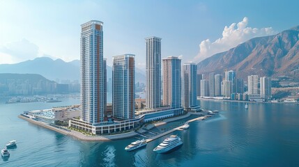 Fototapeta premium Luxury modern clean look hotel buildings from high angle and symmetrical front view. the 5 skyscraper have big harbor for big cruise ships and small piers for yachts. Generative AI.