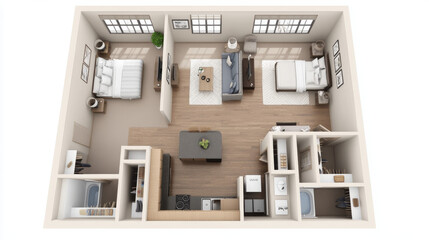 A 3D drawing showing the layout of an apartment with one bedroom, a kitchen, a living room, and a bathroom.