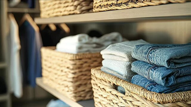 organized closet system mix of woven baskets and sleek bins clever hook arrangements neutral tones clean lines storage solution perfection