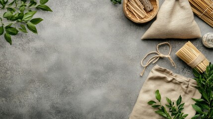 Top view of reusable products, such as fabric bags and bamboo items, emphasizing sustainability. Copy space.