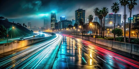 Obraz premium Moody Rainy Night Urban Highway Light Trails blur, capturing misty atmosphere, and reflections on wet asphalt, showcasing LA's tranquil, mysterious side.