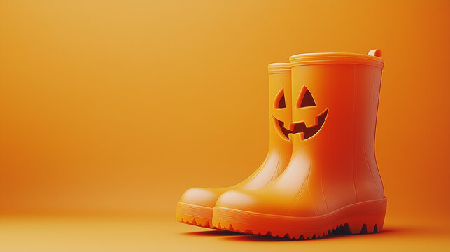 3D rendering of cute rain orange boots with carved jack-o-lantern face, isolated on an orange background. Minimal Halloween and autumn banner with copy space