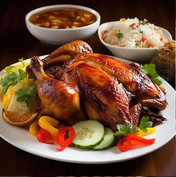 Filipino food, "Lechon Manok", marinated, spit-roasted chicken stuffed with lemongrass