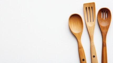 Bamboo kitchen utensils on a white background, symbolizing eco-friendly product choices. Copy space available.