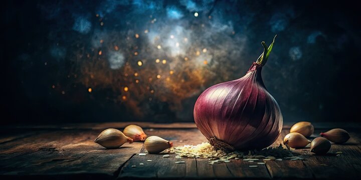 Moody, cinematic, and mysterious atmosphere surrounding a single, perfectly chopped onion, bathed in dark, rich, and muted tones, evoking intimacy and secrecy.