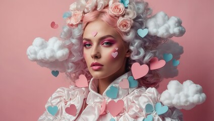 A woman with pink hair and a pink dress is surrounded by clouds and hearts