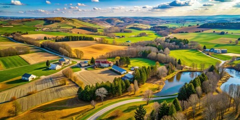 Aerial drone shots of Marion's picturesque countryside during spring thaw, highlighting rolling hills and serene atmosphere.