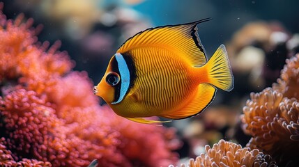 Vibrant orange fish swimming among colorful coral reefs.