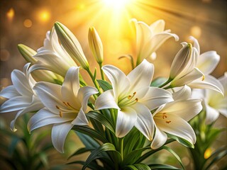 Fototapeta premium easter lilies blooming white petals delicate trumpet shape soft focus warm natural light subtle texture rustic wooden background peaceful atmosphere