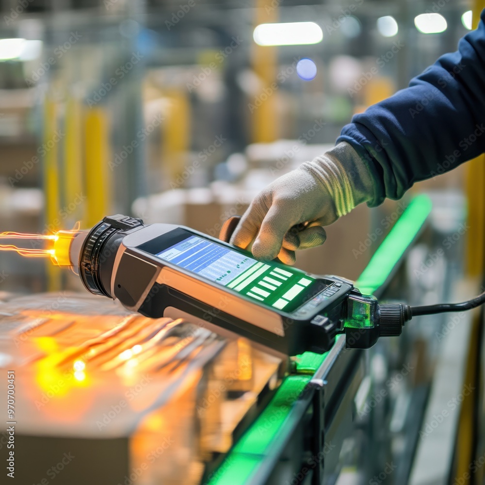 Poster barcode scanner verifying product codes on a factory floor, inventory accuracy, automated quality ch
