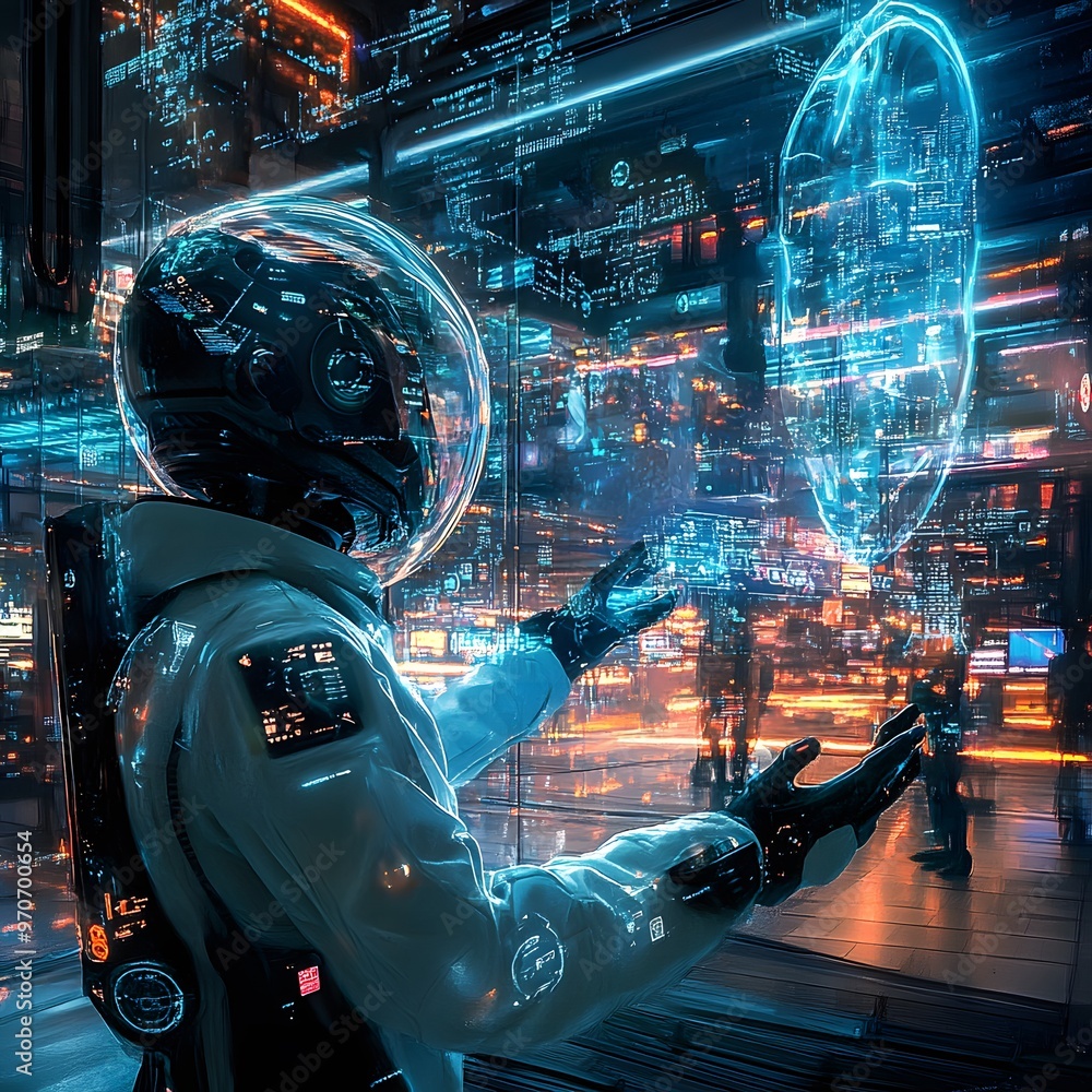 Aufkleber intelligent agents represented as digital beings navigating a futuristic world filled with challenge