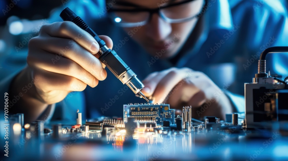 Poster worker testing electronic components with specialized equipment, product verification, advanced qual