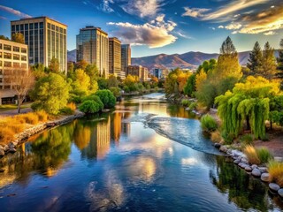 Fototapeta premium Urban oasis serenity amidst Reno's bustling cityscape, featuring Truckee River's calm waters, lush vegetation, and soft, warm morning light.