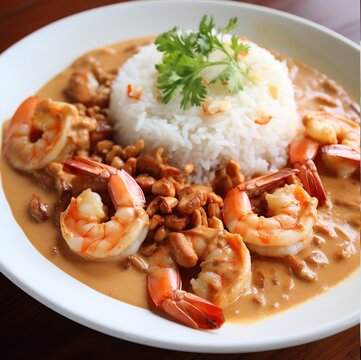 Filipino food, "halabos na hipon," garlic butter shrimp with a serving of rice 