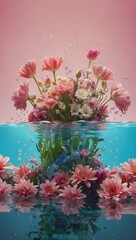 A vase of flowers is floating in a body of water