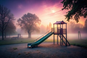 Fototapeta premium misty fog wraps around a lone slide on a forgotten playground at dawn with soft pastel hues and eerie silence
