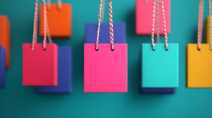 Fototapeta premium A vibrant display of colorful hanging gift boxes in shades of pink, turquoise, orange, and purple against a teal background.