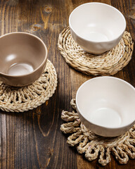 breakfast cups on wooden background