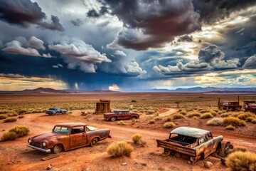 Obraz premium Abandoned nuclear test site landscapes with retro equipment, old cars, and crumbling bunkers amidst rusting red desert terrain under stormy skies.