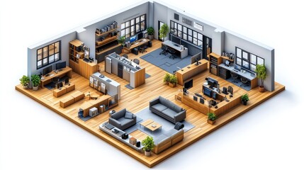 Modern office layout showcasing workstations and collaborative spaces.