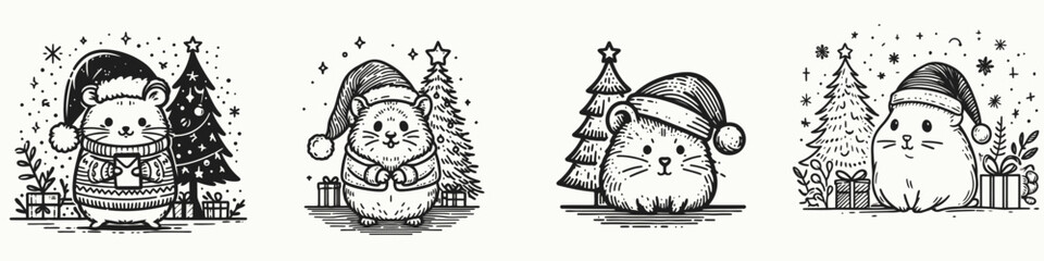 Cute animal illustrations featuring festive characters with hats and gifts, perfect for holiday-themed designs and decorations.