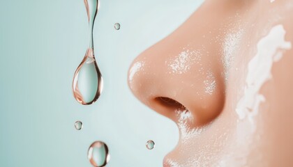 Fototapeta premium Close-up of a woman's nose with water droplets and cream, showcasing skincare and hydration concepts.